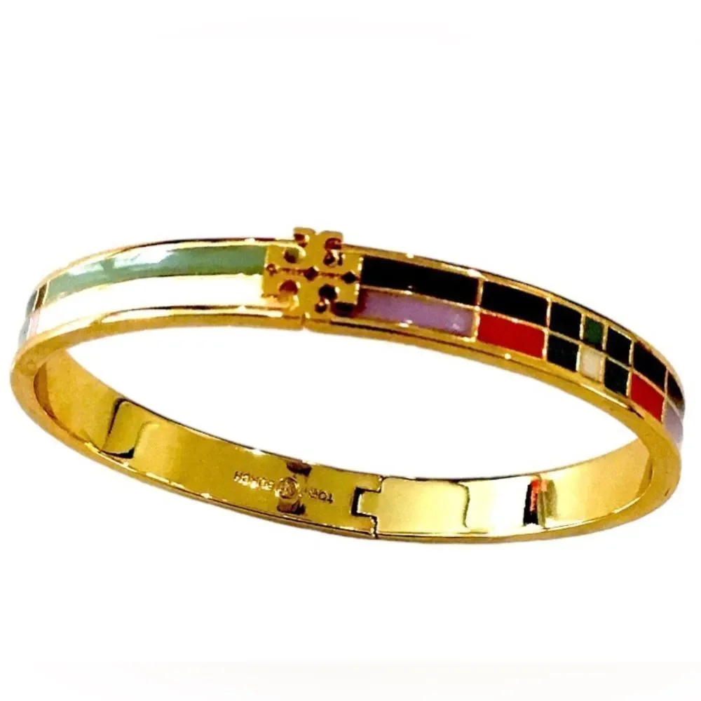TORY BURCH MULTICOLORED LACQUERED ENAMEL LOGO BRACELET